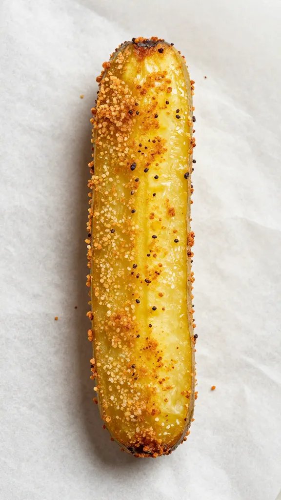 single air-fried pickle spear, golden crust, on parchment