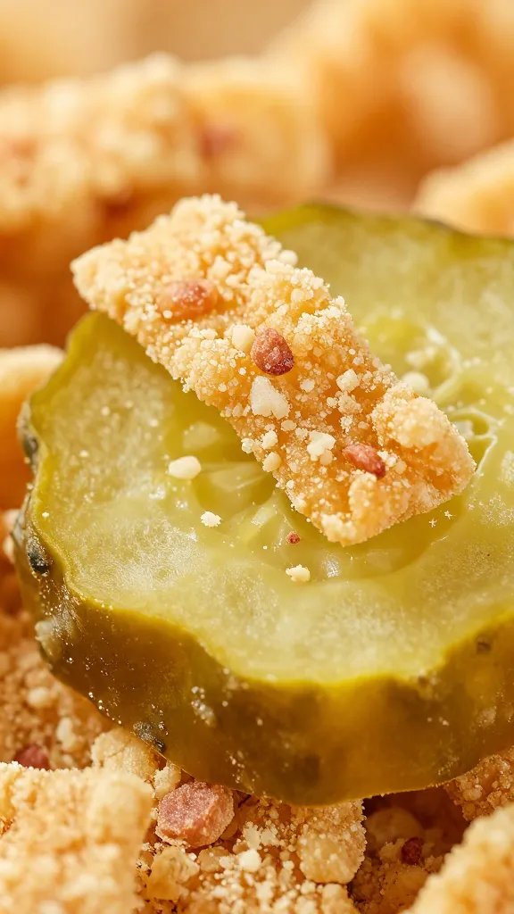 macro shot of pork rind crumbs coating pickle slice