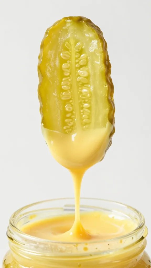 single dill pickle chip dipped in egg wash, dripping