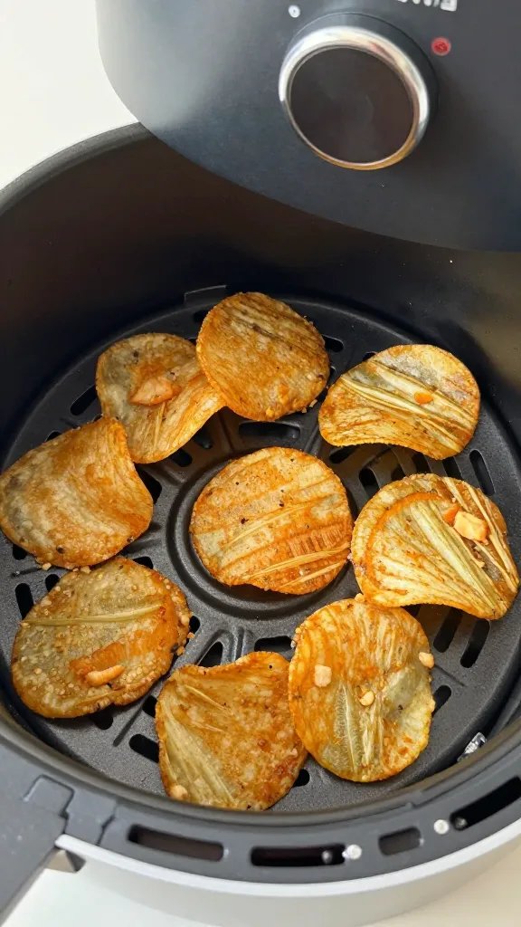 lone coated pickle chip in air fryer basket, pre-cook