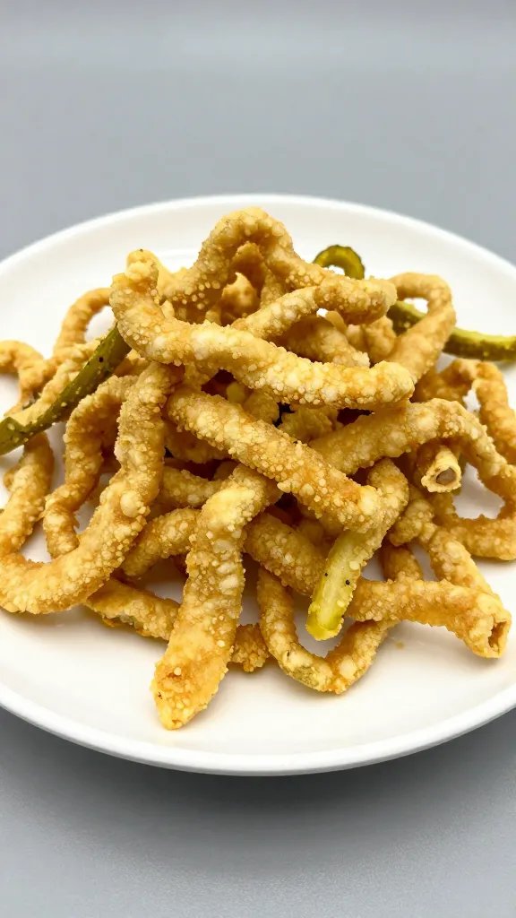 finished pork rind fried pickle on white ceramic plate
