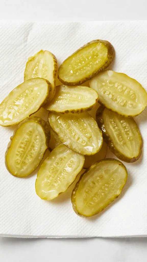 1/4-inch dill pickle chip pat-dried on paper towel