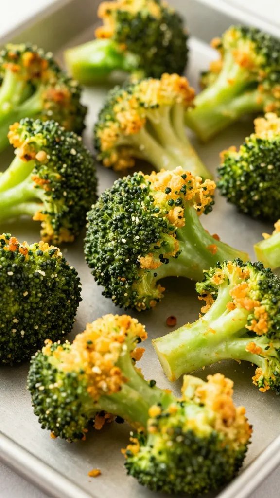 closeup of crispy air-fried broccoli florets on sheet pan