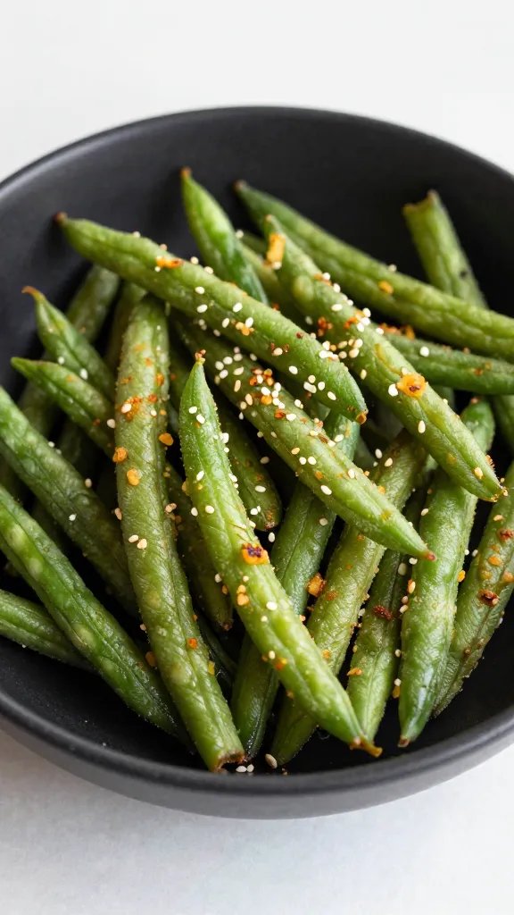 sesame-garlic air-fried green beans in matte black bowl