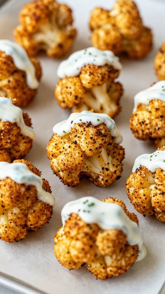 buffalo-spiced cauliflower bites on parchment, ranch drizzle