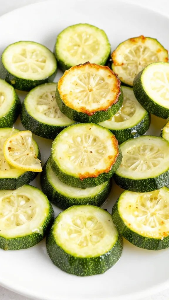 lemon-parmesan zucchini coins, golden edges, on white plate