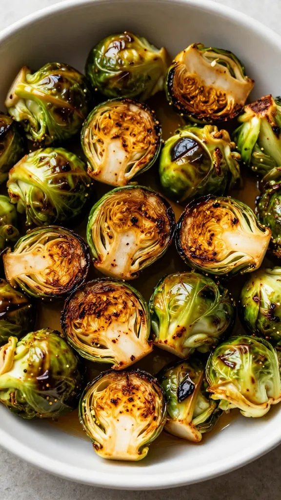 smoky paprika Brussels sprout halves, blistered, in shallow dish