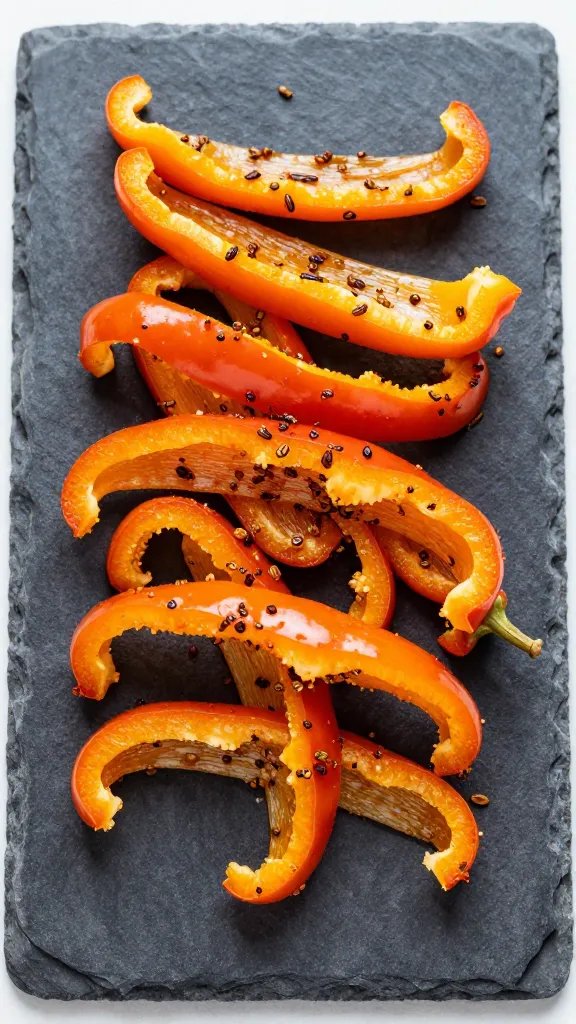 cumin-chili air-fried bell pepper strips on slate board