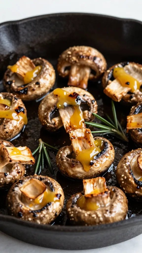 rosemary-ghee roasted mushrooms, glistening, in cast-iron skillet