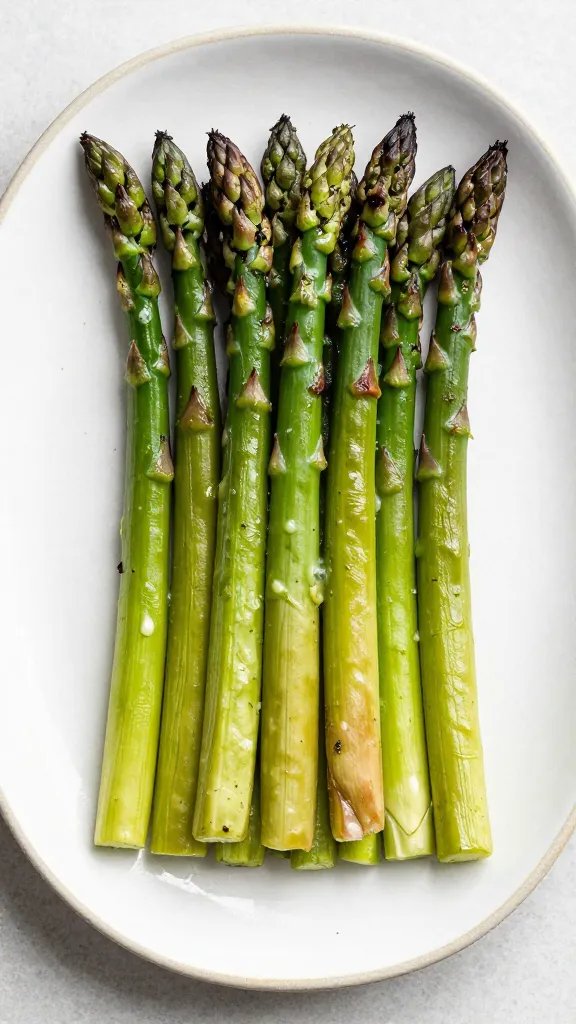 herb-butter asparagus spears, charred tips, on ceramic platter