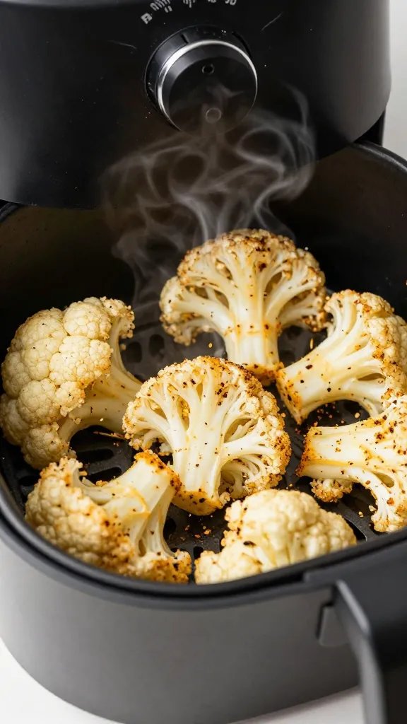 air fryer basket with keto-seasoned cauliflower, steaming hot