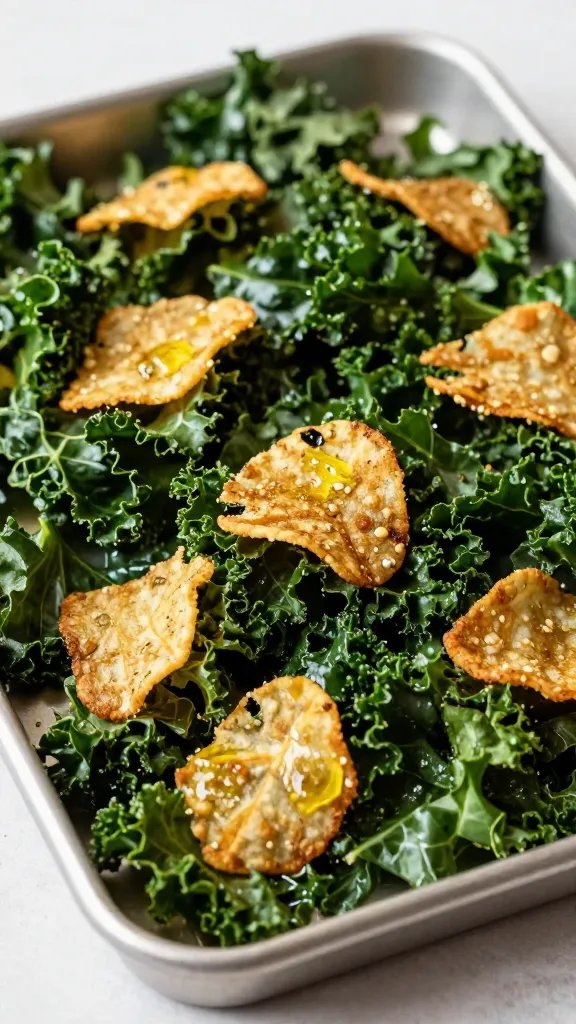 olive oil–tossed kale chips, extra crispy, in metal tray
