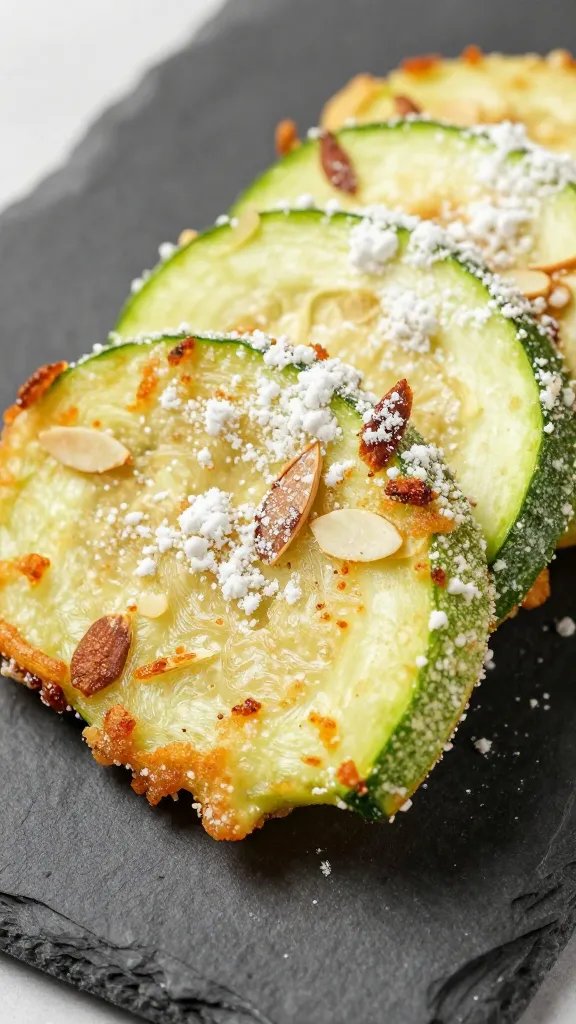 Closeup of almond flour crusted zucchini fry on slate