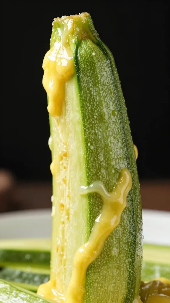 Single zucchini fry dipped in egg wash, macro shot