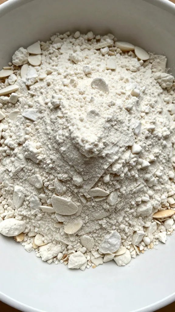 Seasoned almond flour in shallow bowl, top-down closeup