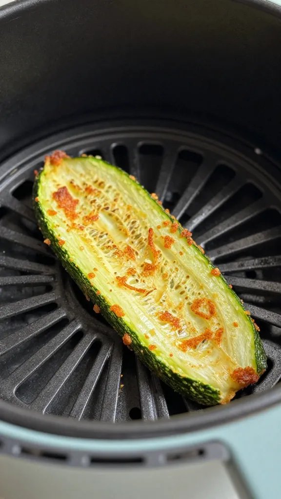 Air fryer basket with one crispy zucchini fry, closeup