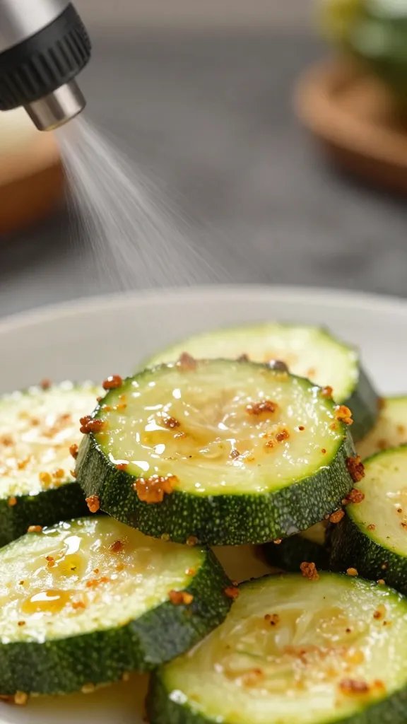 Oil mister spraying single coated zucchini fry, macro