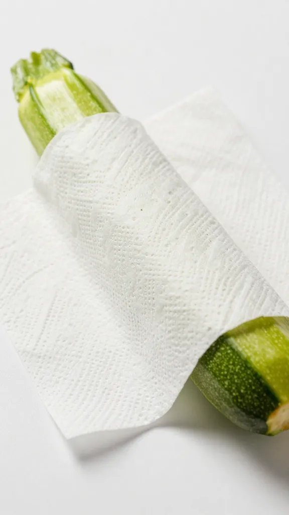 Paper towel blotting one zucchini stick, tight closeup
