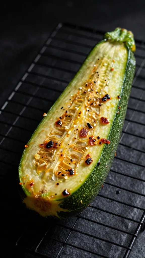 Single zucchini fry on cooling rack, dramatic lighting