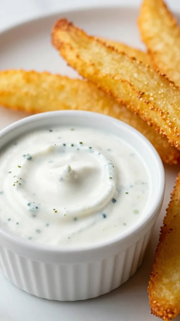 Small ramekin of keto ranch beside one fry, closeup