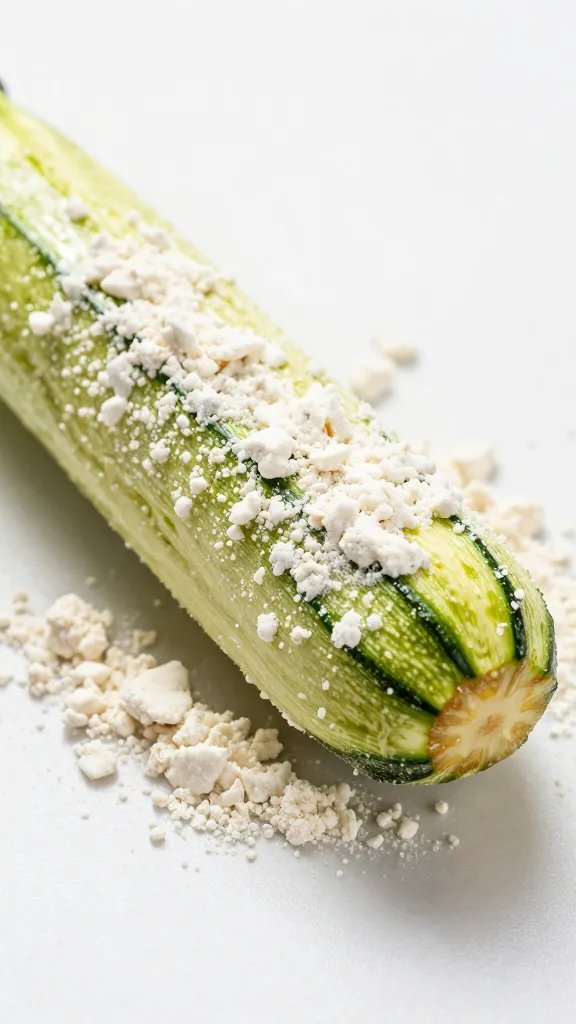 Almond flour clinging to one wet zucchini stick, macro