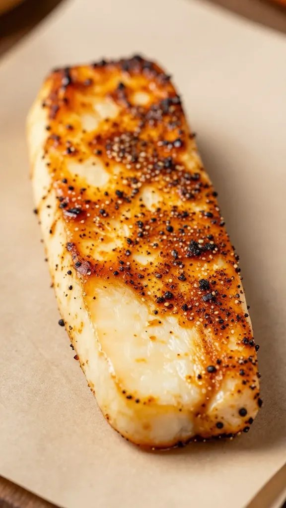 closeup of shawarma-spiced halloumi slice on parchment