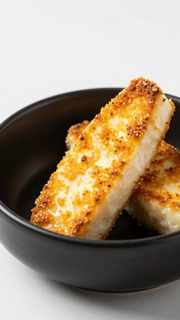 crispy halloumi wedge in matte black bowl, golden crust