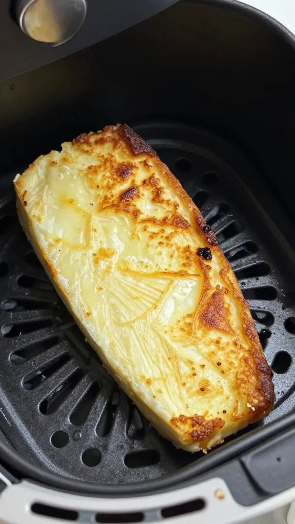 halloumi slice in air fryer basket, mid-brown crisp