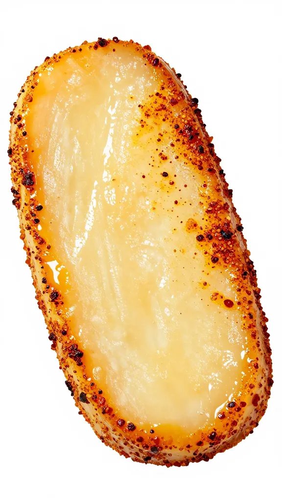 glistening halloumi slice with visible spice crust