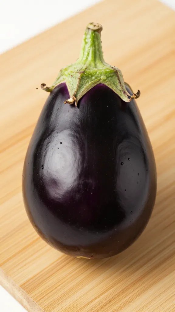closeup of 1/2-inch eggplant round on bamboo cutting board