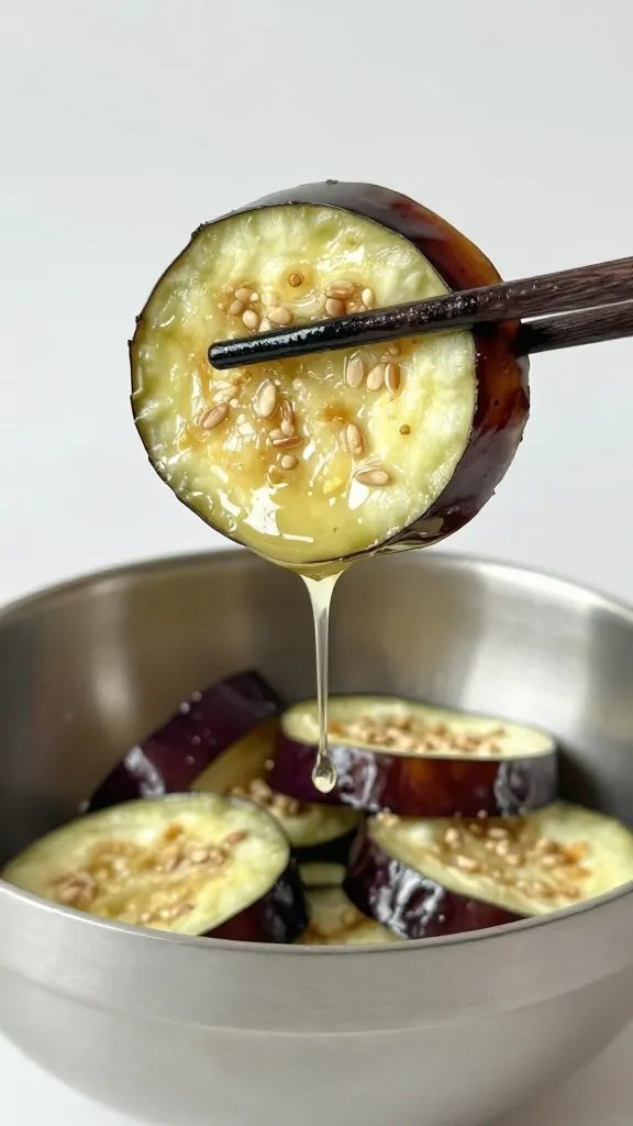 egg-dipped eggplant slice dripping, stainless bowl backdrop