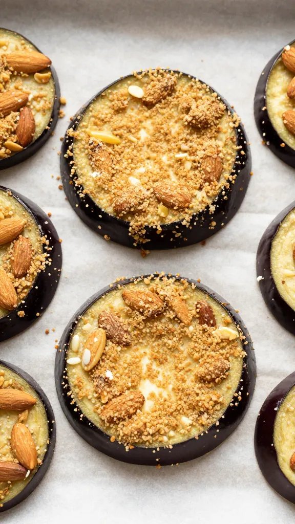 almond flour-coated eggplant round on parchment, top-down