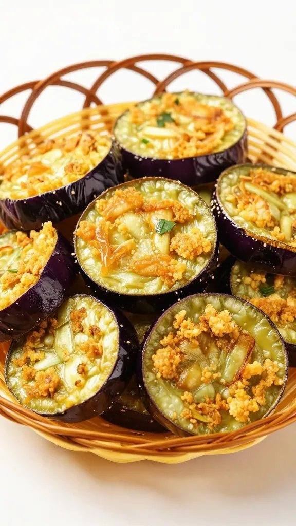 crispy air-fried eggplant round in basket, golden edges