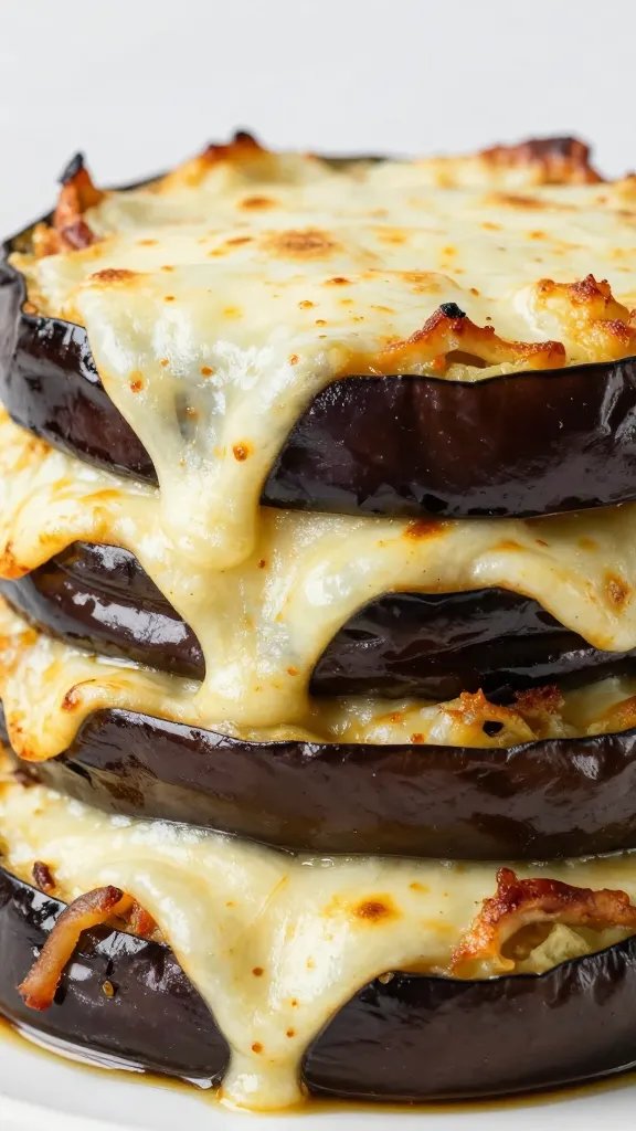 stacked eggplant parmesan tower with melted mozzarella, closeup