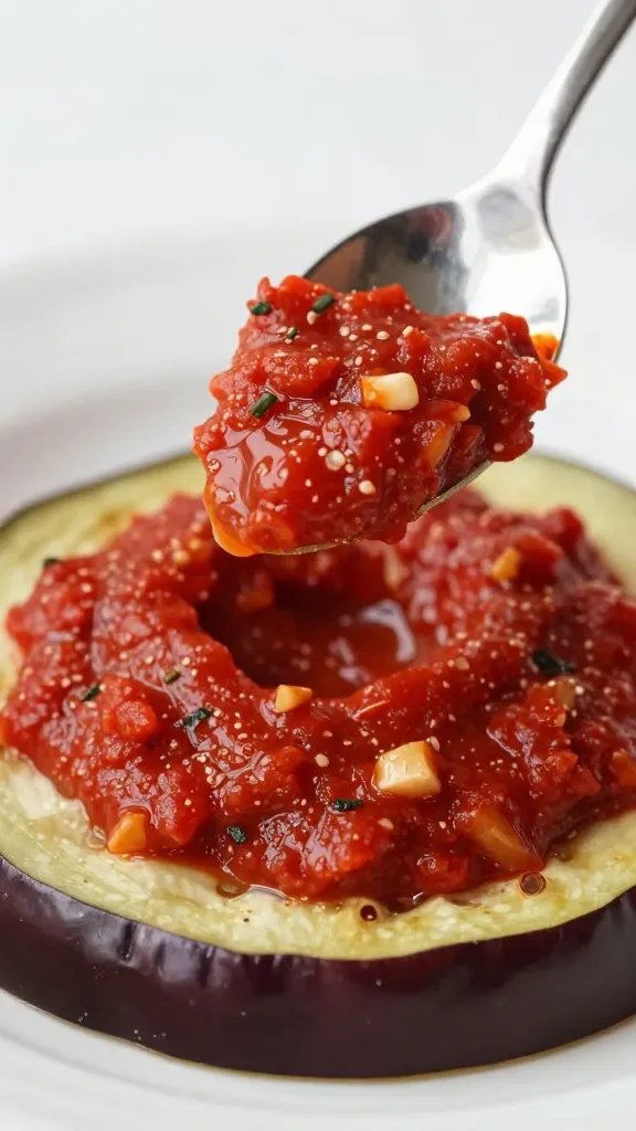 spoon spreading marinara on eggplant round, tight focus