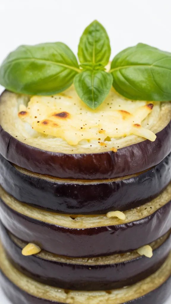 basil leaf atop cheese-topped eggplant stack, macro detail