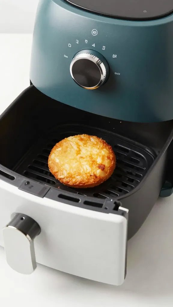 air fryer drawer slightly open showing single crispy round