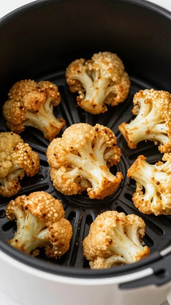 Closeup of air fryer basket with crisp buffalo cauliflower