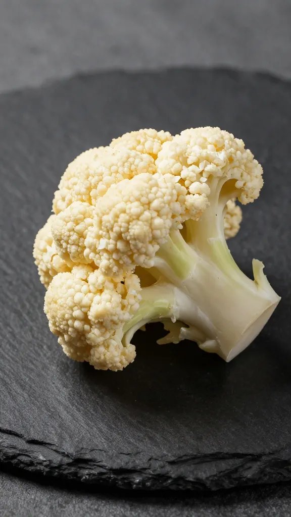 Single buffalo cauliflower floret, shatter-crisp, on black slate