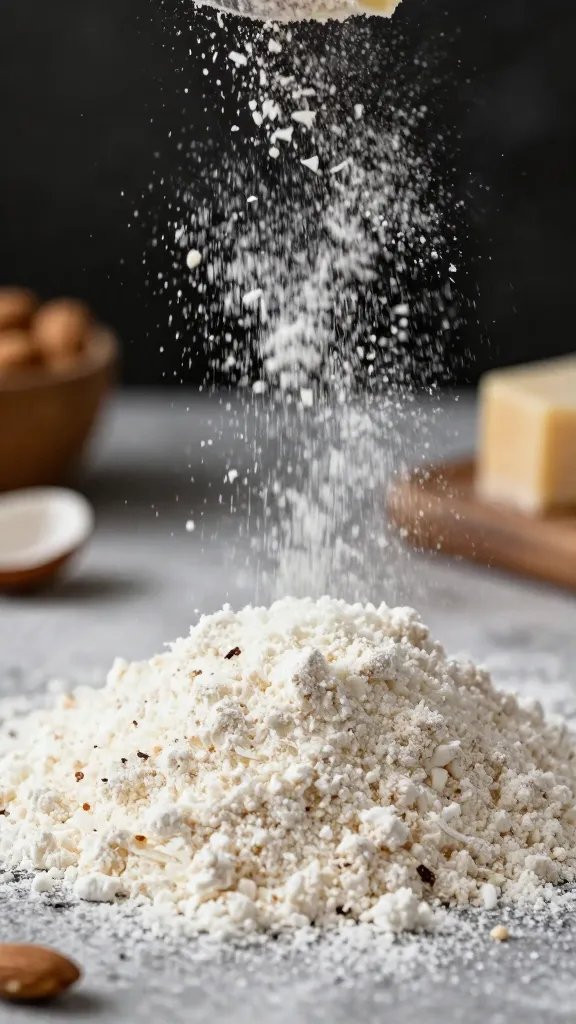 Closeup almond flour and grated Parmesan dusting on floret