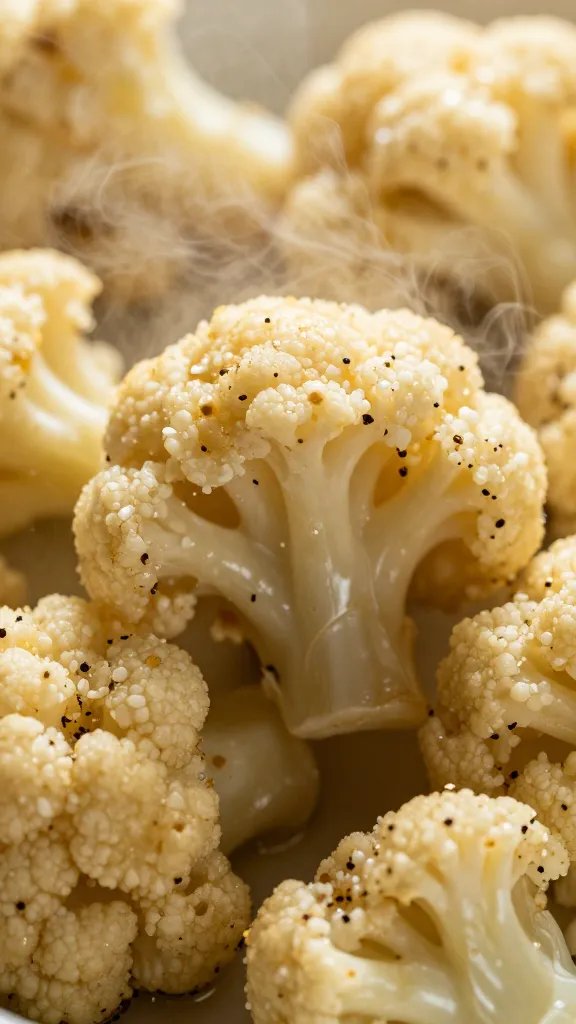 Oil spray mist coating seasoned cauliflower floret, macro shot