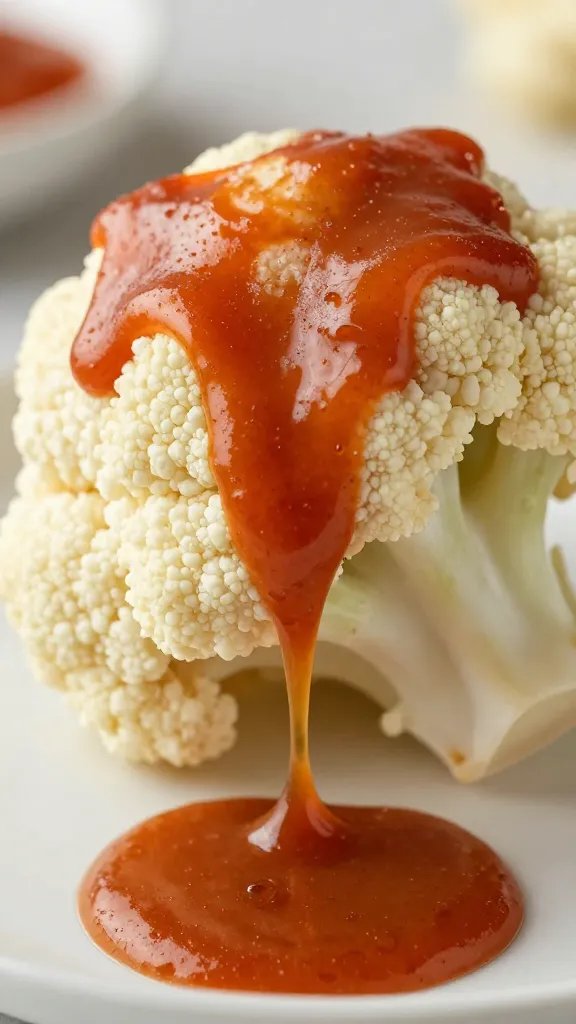 Thick buffalo sauce clinging to one cauliflower floret, drip