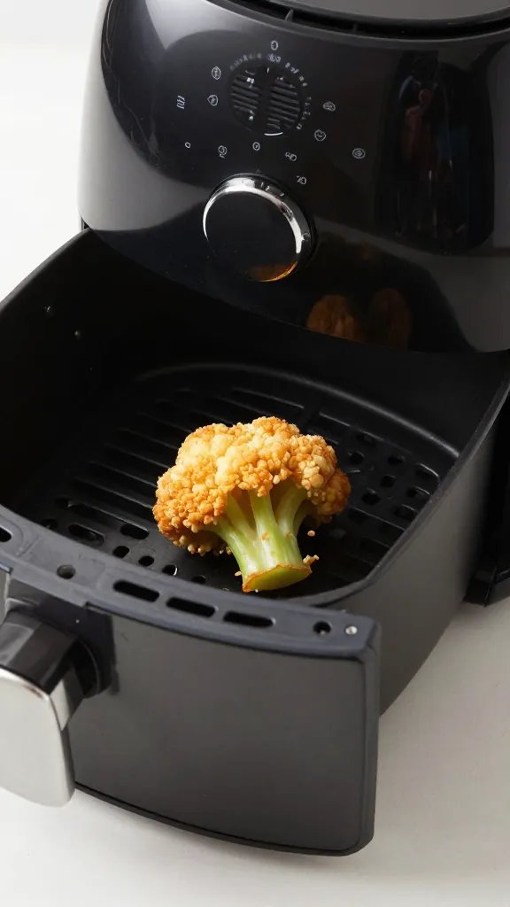 Air fryer drawer slightly open with one crisp floret inside