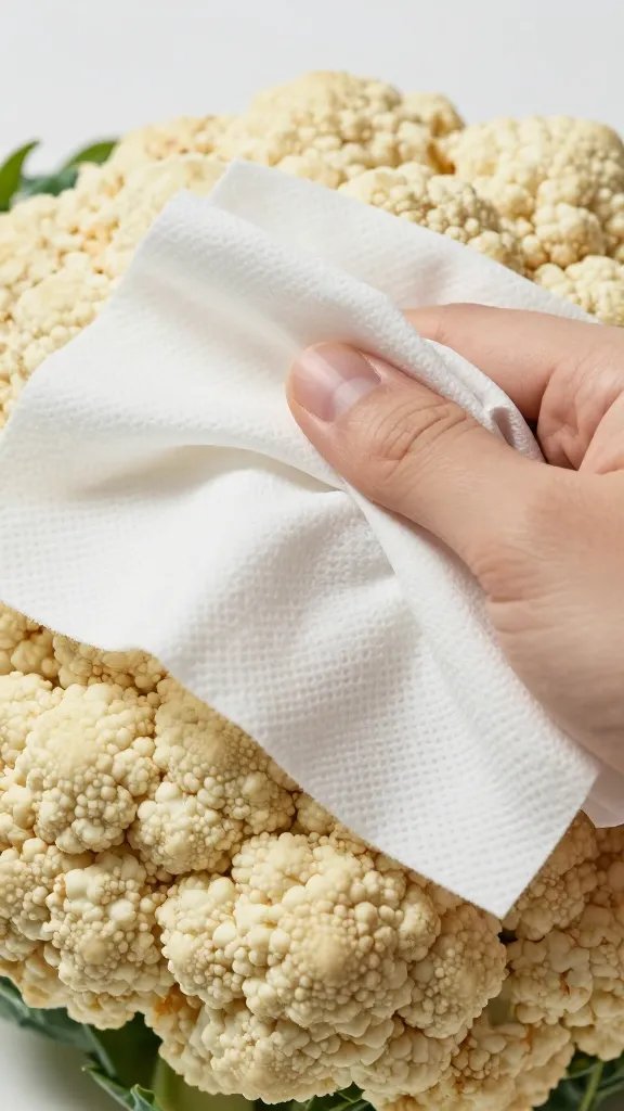 Closeup of dry patting paper towel on cauliflower floret