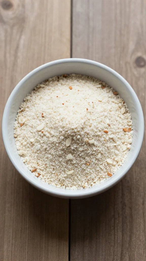 Small bowl of almond flour-Parmesan blend with one floret
