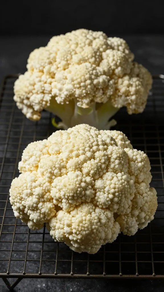 Single cauliflower floret prepped on wire rack, dramatic lighting