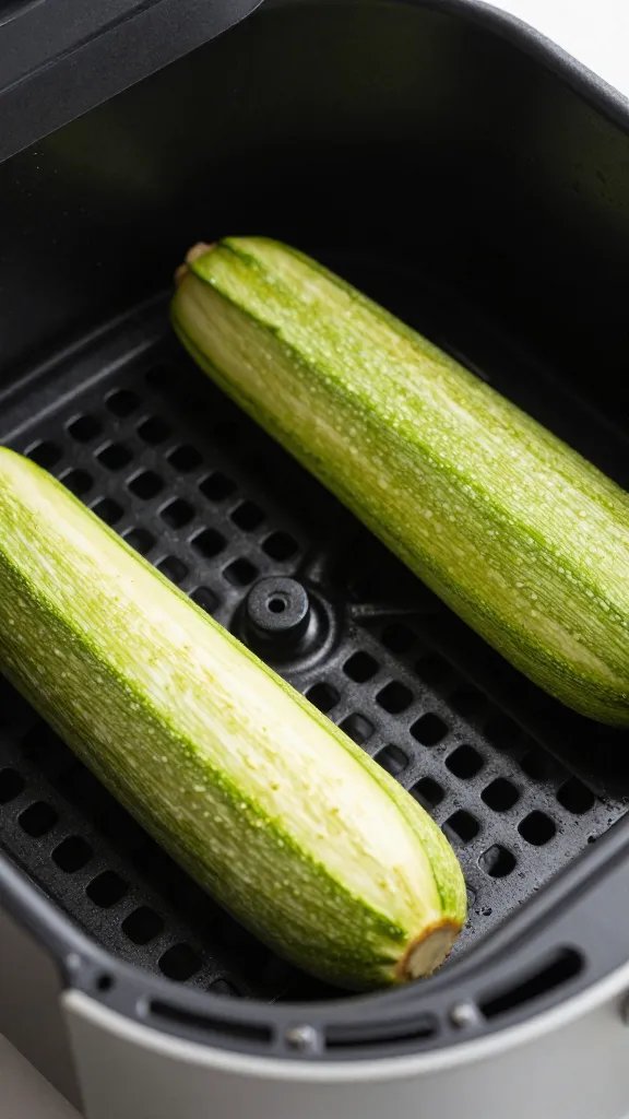closeup of crisp keto zucchini boat in air fryer basket