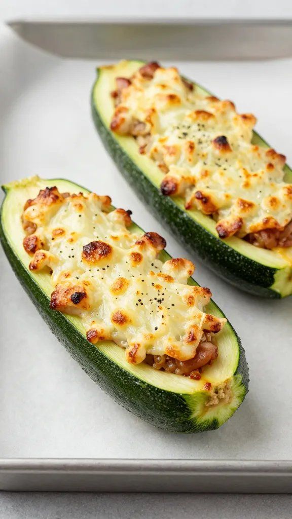 browned cheesy stuffed zucchini boat on parchment-lined tray