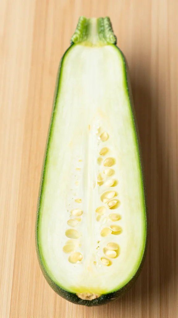 halved medium zucchini with seeds scooped, on cutting board