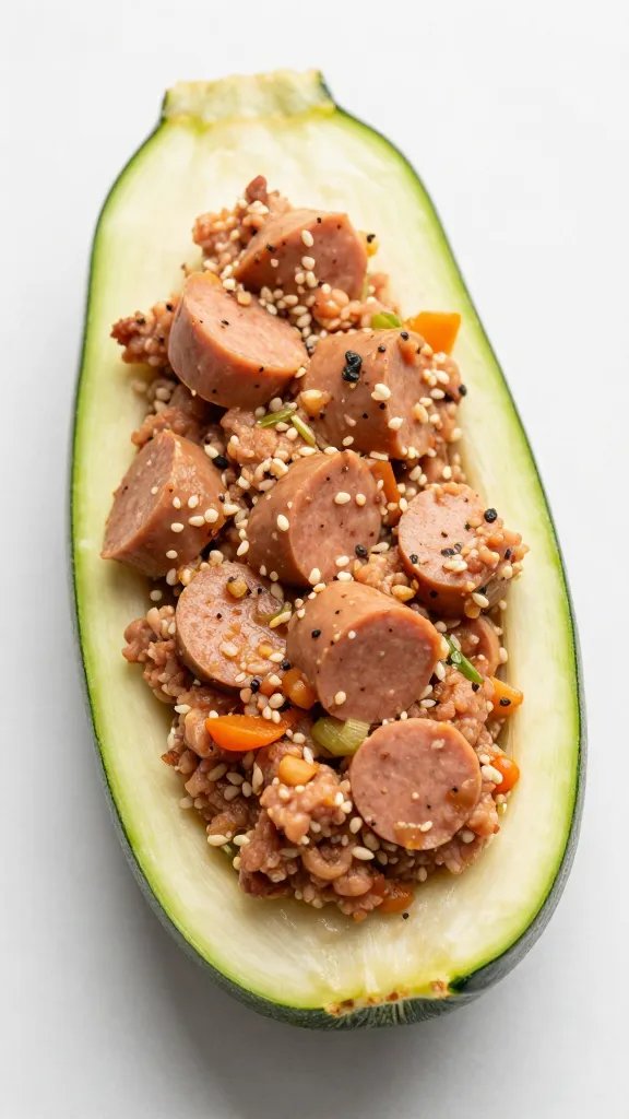 spoon mounding keto sausage filling into one zucchini half